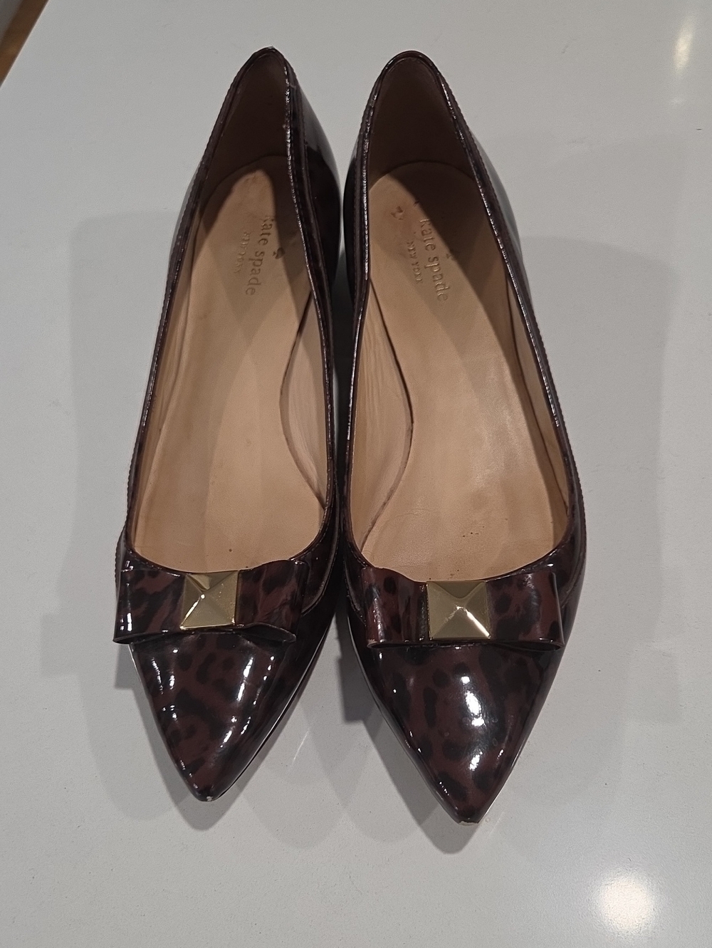 kate spade Brown Leopard Patent Pointed-Toe Flats with Gold Accent Size 10